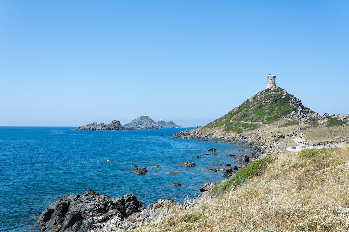 La tour génoise de la Parata sur sa colline face à la mer bleue, avec les îles Sanguinaires et leur phare à l'horizon